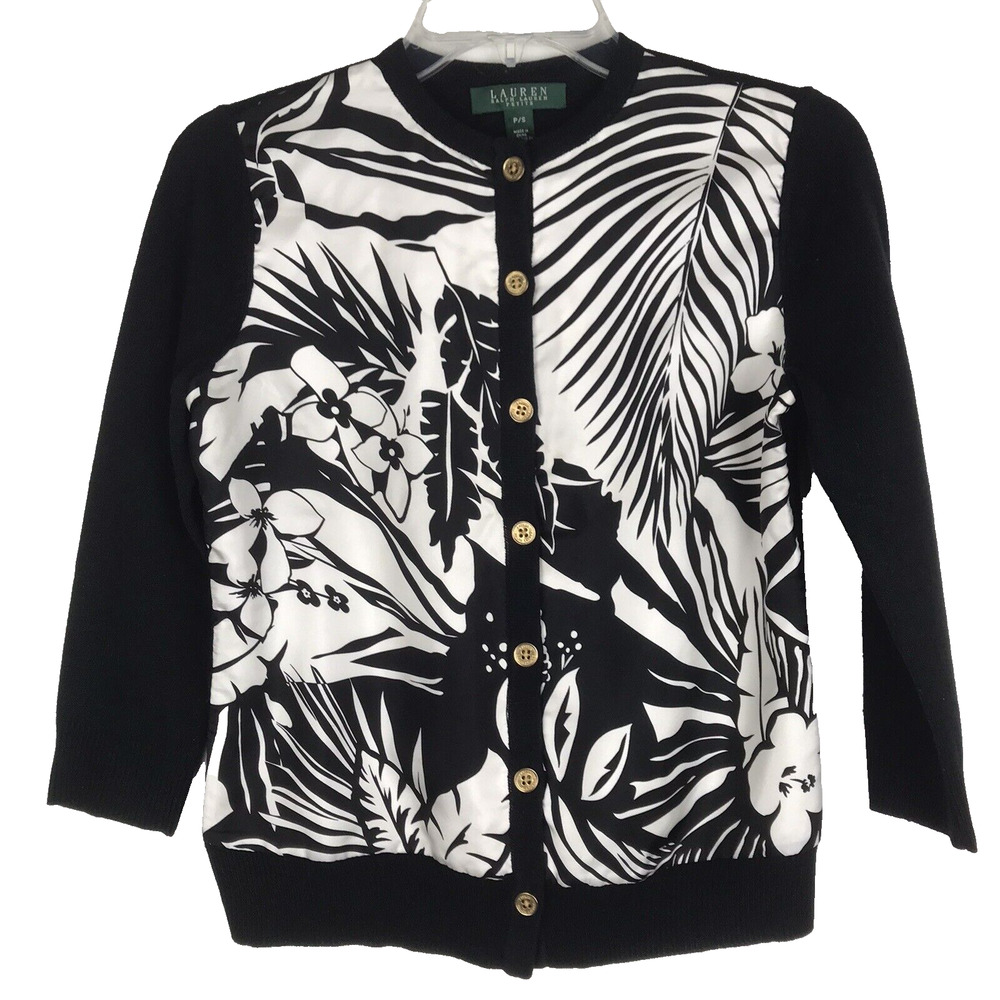 Lauren Ralph Lauren Cashmere Silk Cardigan Black White Floral Leaf Petite Small